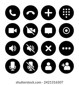 Video call icon set. Video conference call. Collections buttons of call, record, add call, microphone, mute, number pad, speaker, silent, video, contacts for app in black- Vector Icon