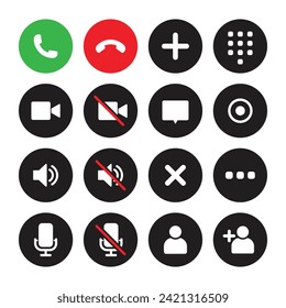 Video call icon set. Video conference call. Collections buttons of call, record, add call, microphone, mute, number pad, speaker, silent, video, contacts for app in colored style - Vector Icon