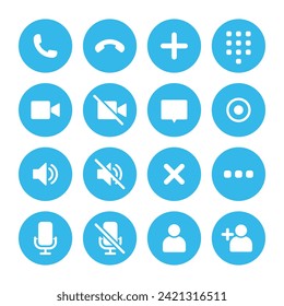 Video call icon set. Video conference call. Collections buttons of call, record, add call, microphone, mute, number pad, speaker, silent, video, contacts icon for app in blue color.
