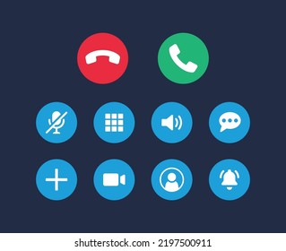 Video call icon set. Containing phone, camera, chat, sound and notification on screen. Vector buttons template for mobile phone and online app.