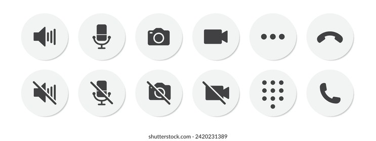 Video call icon set with microphone, video, camera, hang, pick, end call, speaker, microphone on, microphone off and dialer with shadow - Vector Icon