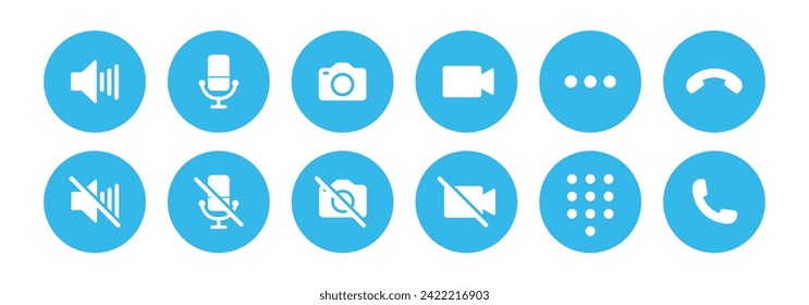 Video call icon set with microphone, video, camera, hang, pick, end call, speaker, microphone on, microphone off and dialer in blue - Vector Icon