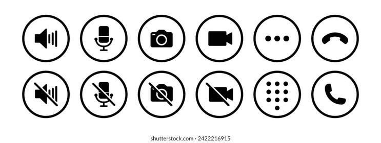 Video call icon set with microphone, video, camera, hang, pick, end call, speaker, microphone on, microphone off and dialer in outline style - Vector Icon