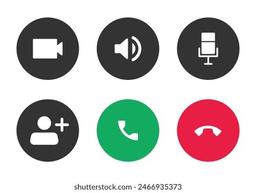 Video call icon set with microphone, call accept, call reject, conference and speaker symbol. Accept and reject call icon set in green and red color calling icon vector collection.