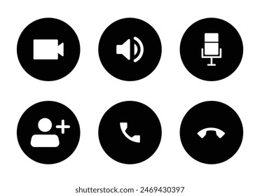 Video Call Icon Set mit Mikrofon, Call Accept, Call Reject, Conference und Lautsprechersymbol. Anrufsymbol annehmen und ablehnen, das in der schwarzweißen Farbe der Vektorgrafik Kollektion des Anrufsymbols festgelegt ist.