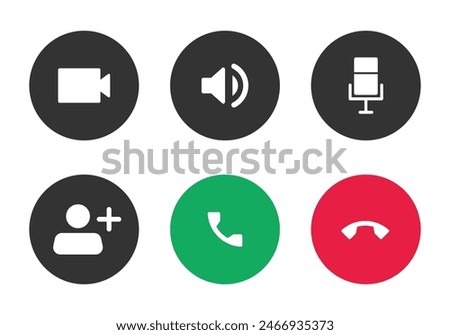 Video call icon set with microphone, call accept, call reject, conference and speaker symbol. Accept and reject call icon set in green and red color calling icon vector collection.