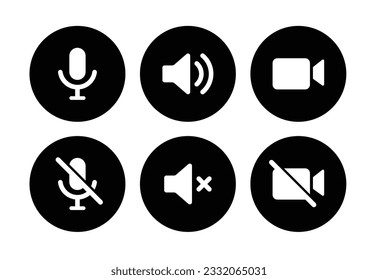 video call icon set. Sound, microphone, video camera, phone, sound off, microphone off, camera off full set vector icons in black circle.