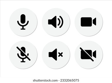 video call icon set. Sound, microphone, video camera, phone, sound off, microphone off, camera off full set vector icons in white circle.