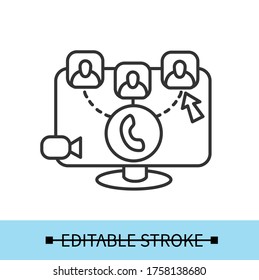 Video call icon. Simple sign for video conference application. Remote meeting, distant education and school concept. Virtual web chat for distant communication. Linear vector editable illustration