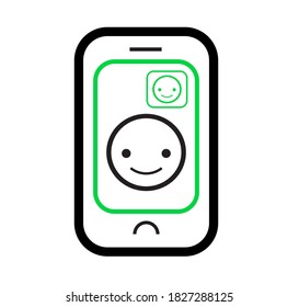 Video call icon with smiley face talking with smartphone. Calling online with headset. Simple vector icon