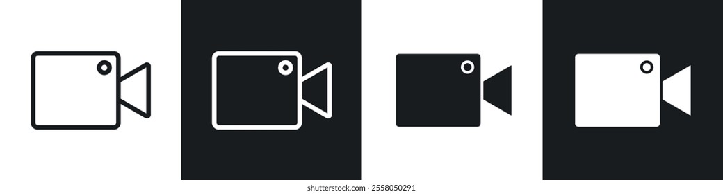 Video call icons pack in black and white filled and outlined versions.