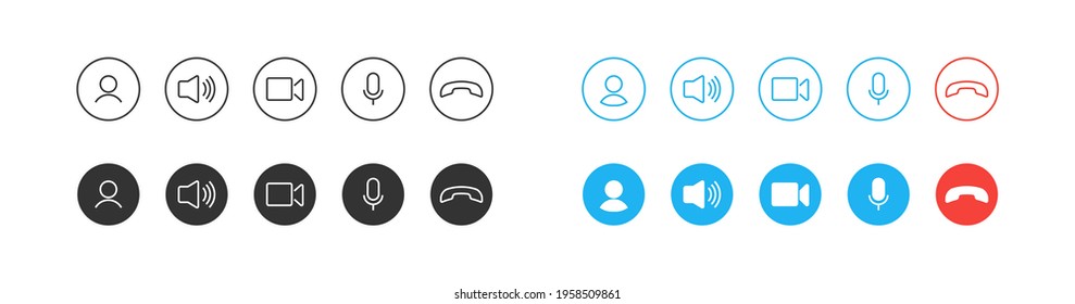 Video call icons set. Video cal conference button. User interface. Vector flat illustration