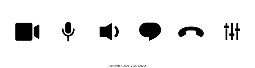 Video call icons set. Interface video conference button. Camera, chat, phone, microphone, sound. vector