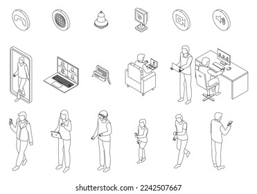 Video call icons set. Isometric set of video call vector icons for web design isolated on white background outline