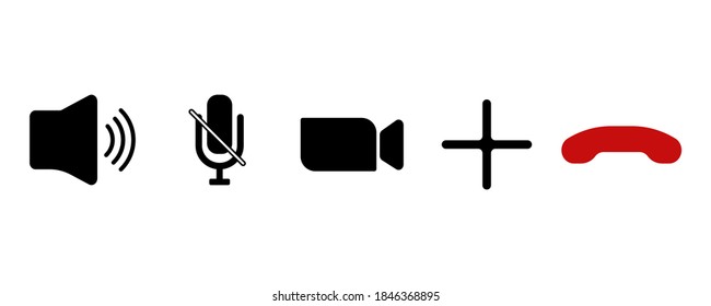 Juego de iconos de videollamadas. Conjunto de vectores de iconos de videoconferencia. Altavoz, micrófono apagado, cámara, además de signo, iconos de caída de llamada. Conjunto de iconos aislado.