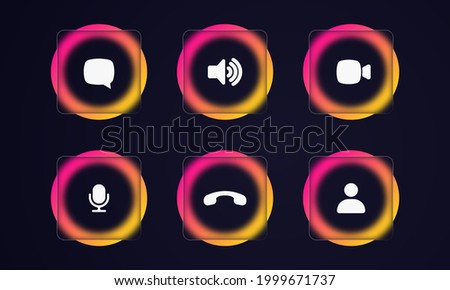 Video call icons. Speaker, video chat, camera related icons. Glassmorphism style. Video conference. Online video chat app, call technology. Glass morphism effect with set of transparent glass plates.