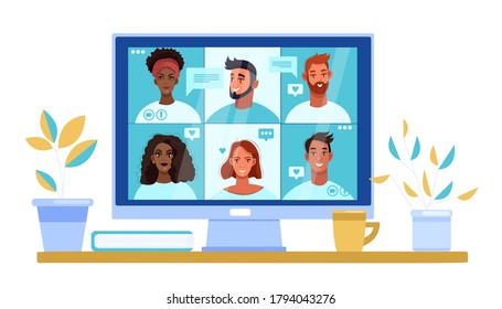 Video call illustration with diverse young people faces on computer screen. Virtual meeting concept in flat style with home workplace, multiracial men and women. Video call corporate vector banner 