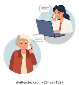Video call illustration with elderly man and young woman, focusing on communication and connection vector