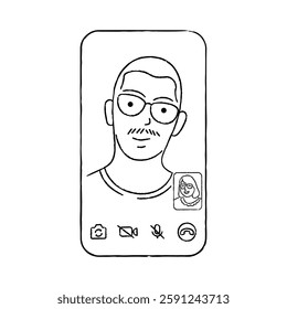 Video Call Illustration on Smart Phone or Mobile Phone with His Partner Hand Drawn