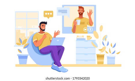 Video call illustration with two men communicating online, laptop, armchair. Young freelancer watching webinar at home. Video call or conference concept in flat style with friends talking in internet 