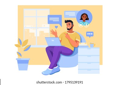 Video call illustration with young couple communicating online, laptop, home interior. Virtual distant relationship meeting concept with young man and woman in armchair. Video call vector banner