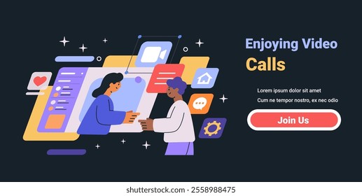 Video call interaction concept with two people engaging through digital interface surrounded by icons colorful elements on dark background website banner