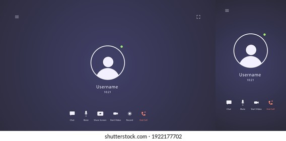 Video call interface. User icon, chat, share content, mute, start video, record. Computer and mobile versions of video call interface. Distance education concept. Vector illustration  