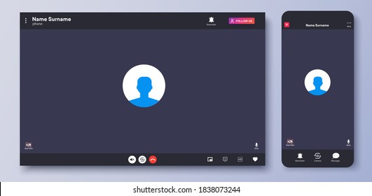 Video Call Interface. Web Chat UI Screen Mockup. Call Screen Template. Mockup UX,Kit Interface. Application For Calls And Online Conference Meeting. Communication Windows For Mobile App And Desktop