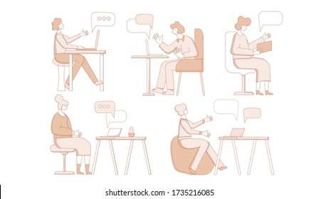 Video call. Interview online set . People sitting on laptop and remote talking with coworkers, family isolated on white background. Vecotor flat illustration.