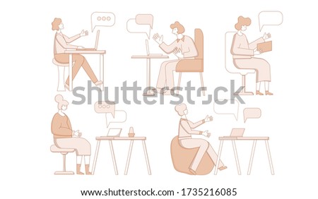 Video call. Interview online set . People sitting on laptop and remote talking with coworkers, family isolated on white background. Vecotor flat illustration.