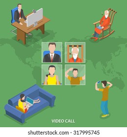 Video Call Isometric Flat Vector Concept. People Around The World Are Talking Using Online Video Call Service.