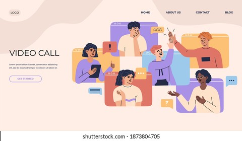 Video call landing page concept, banner of online chatting, conference with remote workers team at desktop, group of men and women have meeting, work from home. Vector illustration abstract background