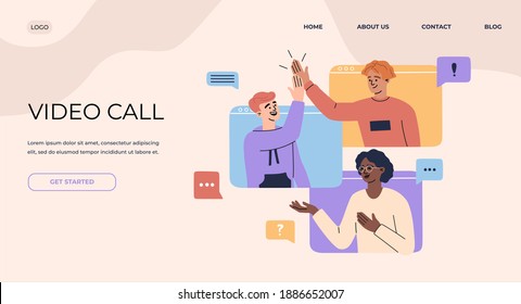 Video call landing page concept, banner of online conference with remote workers team at desktop screen, smiling man giving high five, working from home. Vector illustration on abstract background