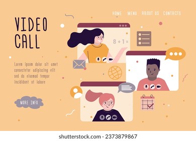 Video call, landing page template. Children studying remotely. Smart classmates talking with teacher. Distance education school video conference. Webinar, online lesson. flat vector illustration