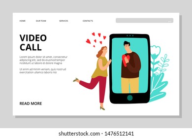Video call landing page. Vector couple in love. Online chatting web page template