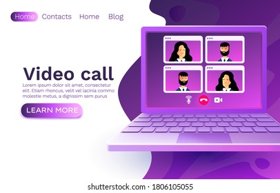 Video call laptop chat, concept people talk, web banner app. Vector illustration