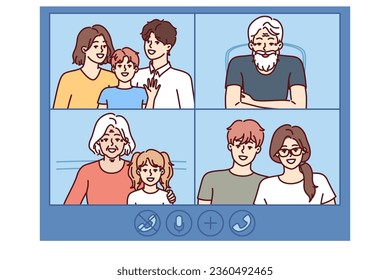 Video call of large family with people of different generations, for communication or congratulations of loved ones on holidays. Application or software interface for internet video call