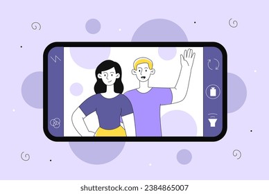 Concepto de línea de videollamadas. Hombre y mujer en la pantalla del smartphone. Los jóvenes y las niñas se comunican e interactúan en las redes sociales. Afiche o pancarta. Ilustración lineal vectorial