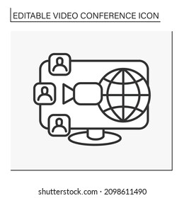  Video call line icon. Job conference. Global communication. Worldwide network. Video conference concept. Isolated vector illustration. Editable stroke