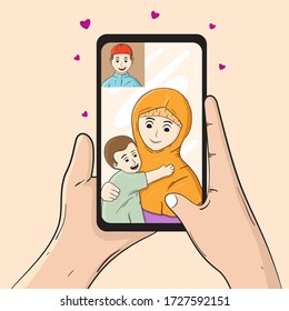 video call, look at smartphones because miss family at home when eid al-fitr