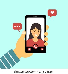 Video call with love one concept vector illustration. Man hand holding smartphone with girlfriend on screen. Finger touch screen. Video chat via internet in flat design.