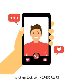Videoanruf mit Liebe ein Konzept Vektorgrafik. Frau Hand halten Smartphone reden mit Freund auf dem Bildschirm. Fingerberührungsbildschirm. Video Chat via Internet in flachem Design.
