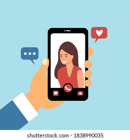 Video call with love one concept vector illustration. Man hand holding smartphone with girlfriend on screen. Finger touch screen. Video chat via internet in flat design.