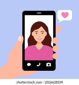 Video call with love one concept vector illustration. Hand holding smartphone talking with girlfriend on screen. Finger touch screen. Video chat via internet in flat design.