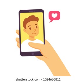 Video call with loved one. Female hand holding smartphone with boyfriend on screen. Online dating, long distance relationship concept. Flat cartoon vector illustration.