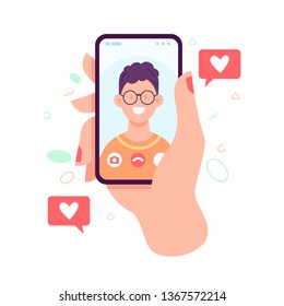 Video call with loved one. Female hand holding smartphone with boyfriend on screen. Finger touch screen. Video call concept. Vector flat cartoon illustration.