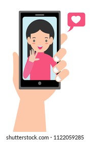 Video call with loved one. male hand holding smartphone with girlfriend on screen. Online dating, long distance relationship concept. Couple talking in messenger. Flat cartoon vector illustration. 