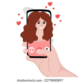 Video call with loved one. Male hand holding smartphone with girlfriend on screen. Online dating, long distance relationship concept.  Vector illustration