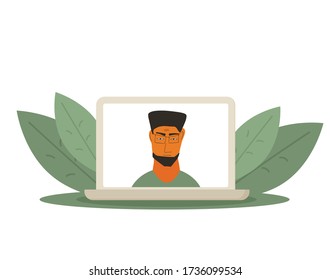 Video call. Male host talking about current situation. Man portrait on the laptop screen. Distance communication from home. News announcer. Vector flat illustration.