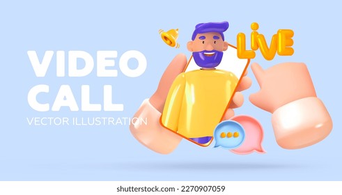 Video call. Man on phone screen 3d. Talks on video chat. Vector illustration